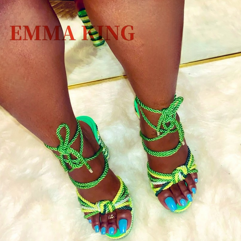 Strappy Heeled Sandals - Women's Green Rope Lace-Up Heeled Sandals,Multicolor